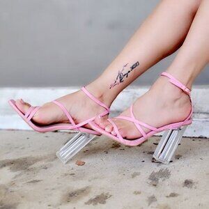 Women Square Toe Clear Block High Heel Sandals Pink Color